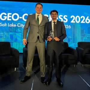 Ph.D. student Roshit Raj Paudel (right) poses with his award after earning second place in the National GeoPoster Competition at Geo-Congress 2026 in Salt Lake City, Utah, alongside his advisor, Dr. Ryan Rasanen, Assistant Professor in Geotechnical Engineering.